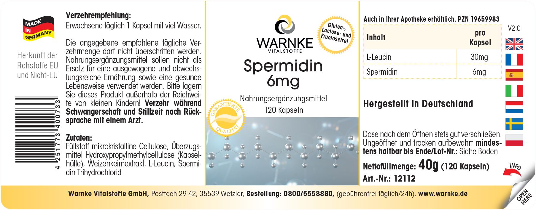 Etiket met productinformatie. Opschrift: Warnke Vitalstoffe Spermidine 6mg. 120 capsules. Voedingssupplement. Gemaakt in Duitsland.