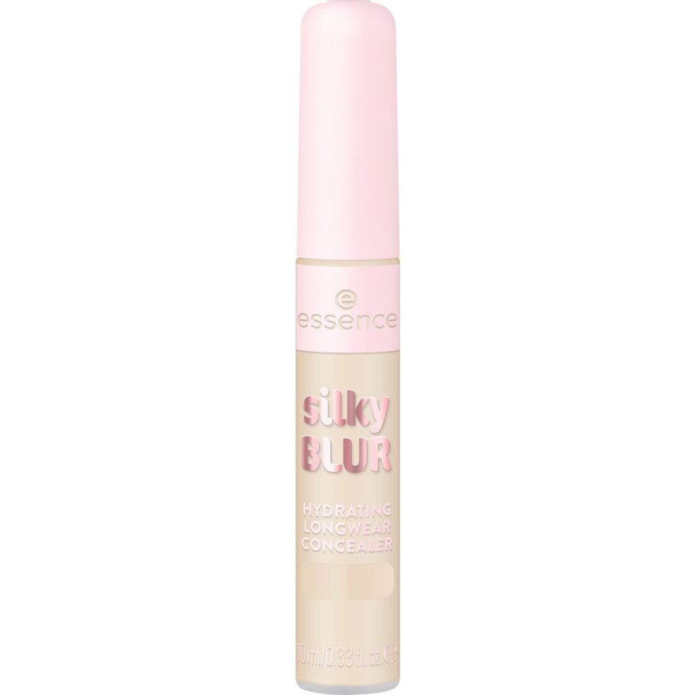 Flacon de correcteur beige avec bouchon rose. Inscription "essence silky BLUR hydrating longwear concealer".