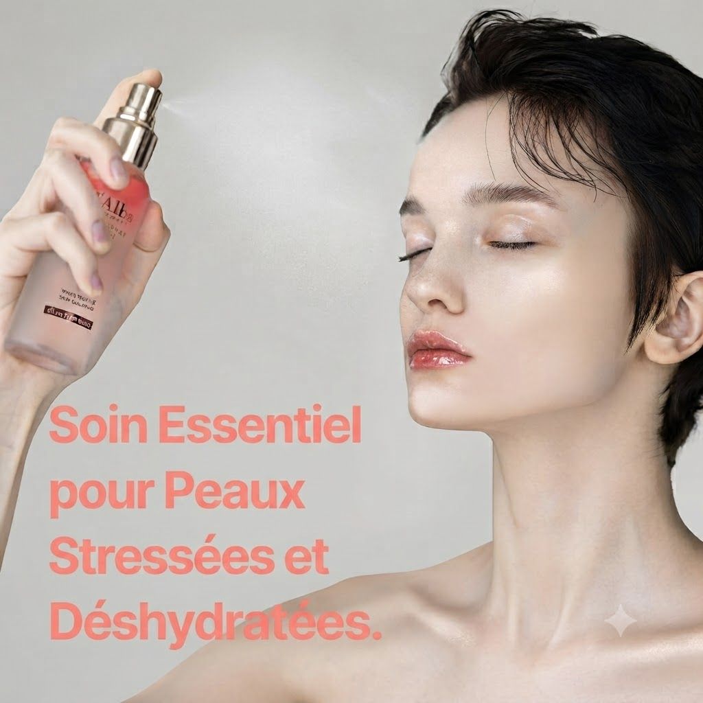 Une main vaporise une brume pour le visage sur une femme.