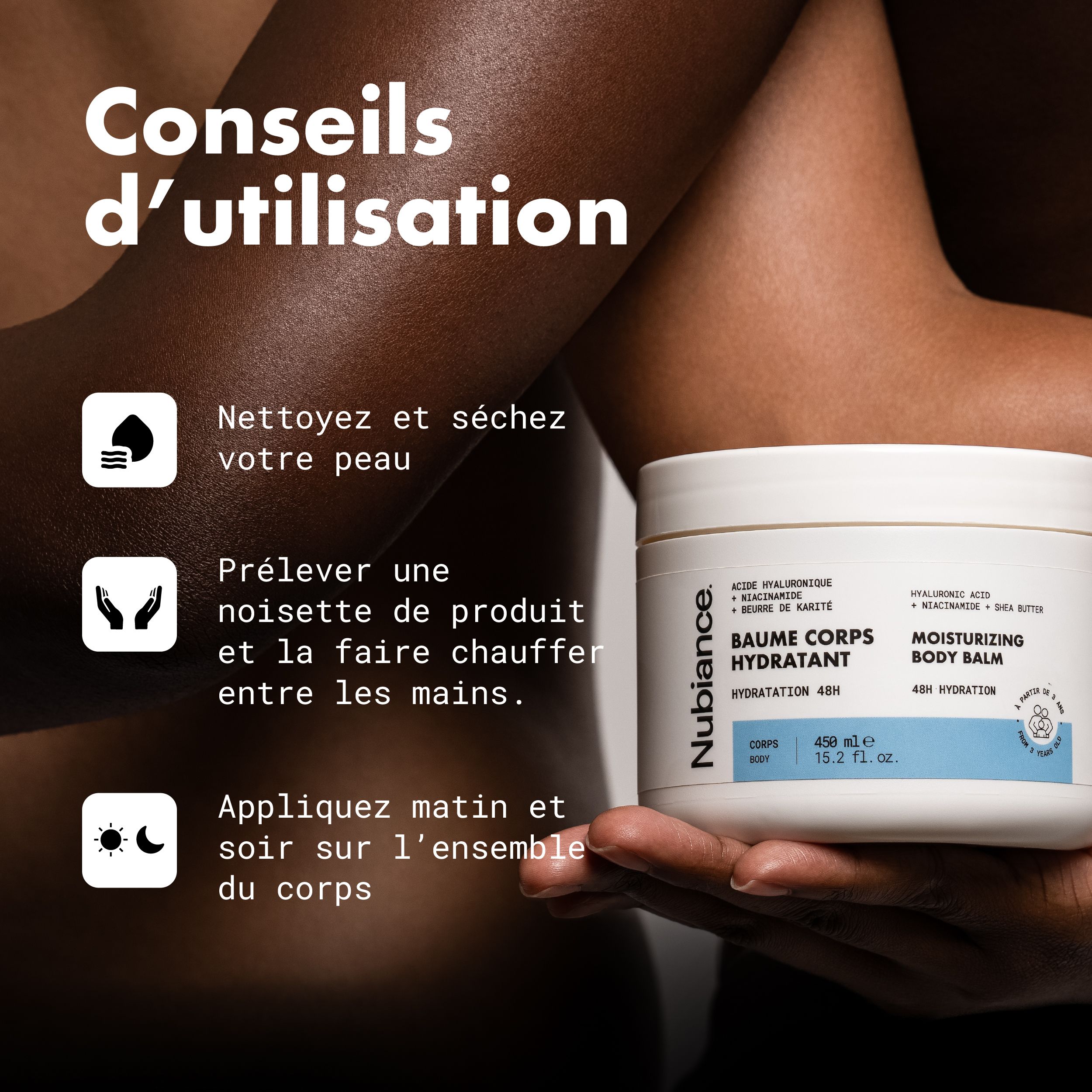 Gebruiksaanwijzing. Pot „Baume Corps Hydratant“ vastgehouden. Tekst: Nettoyer, sécher, appliquer.