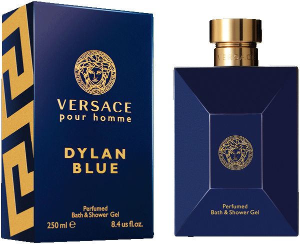 Flacon et emballage bleu foncé. Logo doré et inscription "Versace pour homme Dylan Blue".