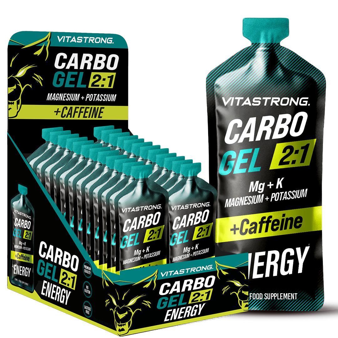 Vitastrong Carbo Gel 2:1 + Koffein. Sachets de gel dans une boîte. Texte: Carbo Gel 2:1, Magnésium + Potassium + Caféine, Énergie.
