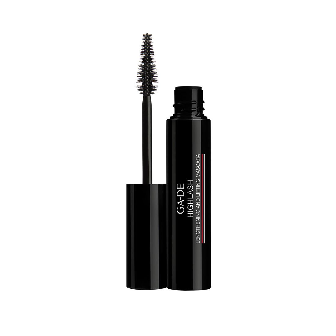 Tube de mascara noir avec brosse. Inscription: GA-DE HIGHLASH LENGTHENING AND LIFTING MASCARA.