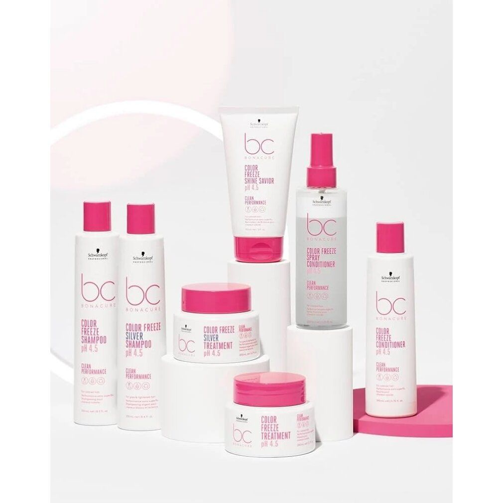 Plusieurs produits BC Bonacure sur socles. Flacons, pots et sprays avec des accents roses.