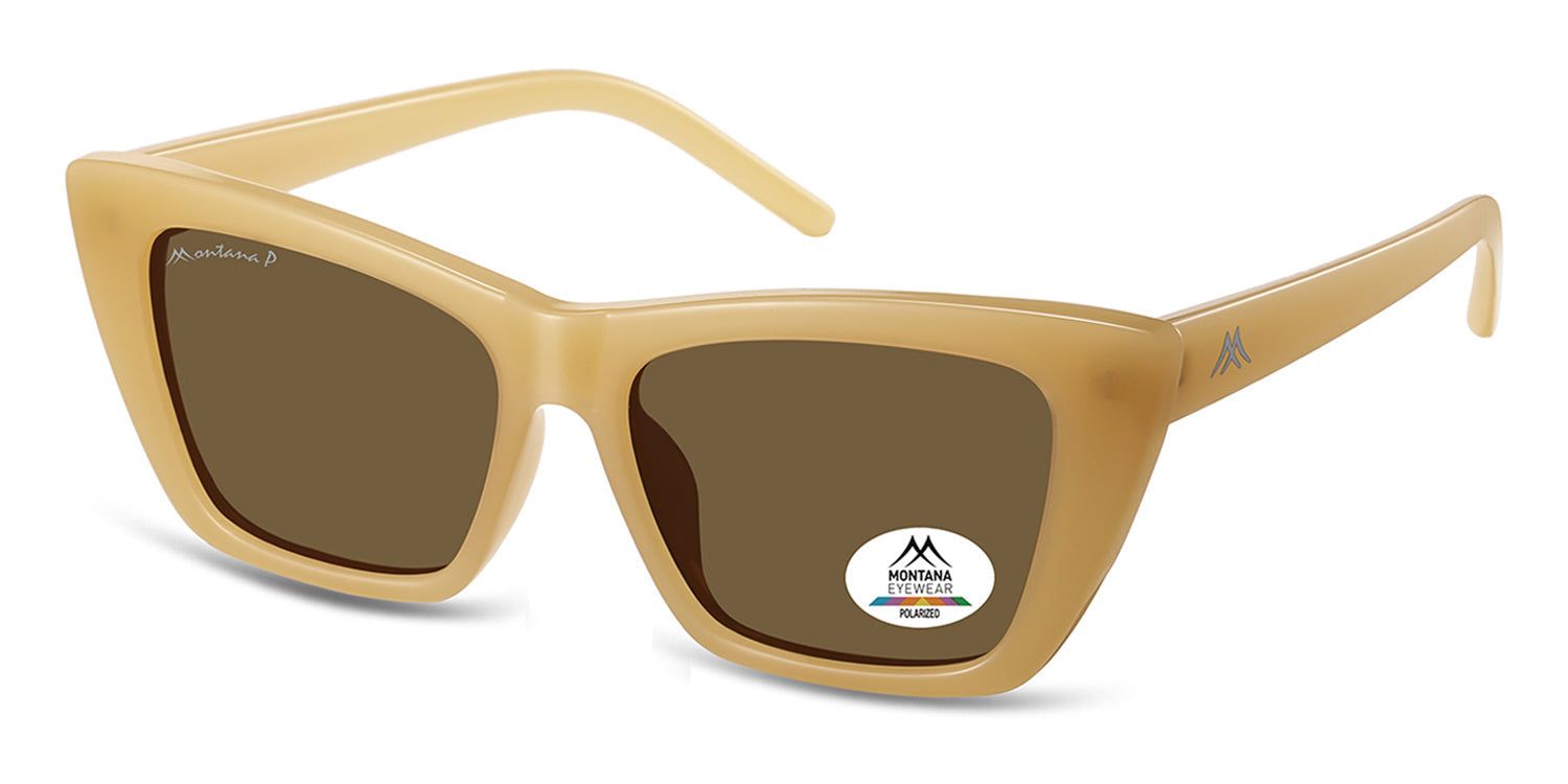 Zonnebril met bruine glazen en beige montuur. Montana Eyewear logo op het glas. Gepolariseerd.