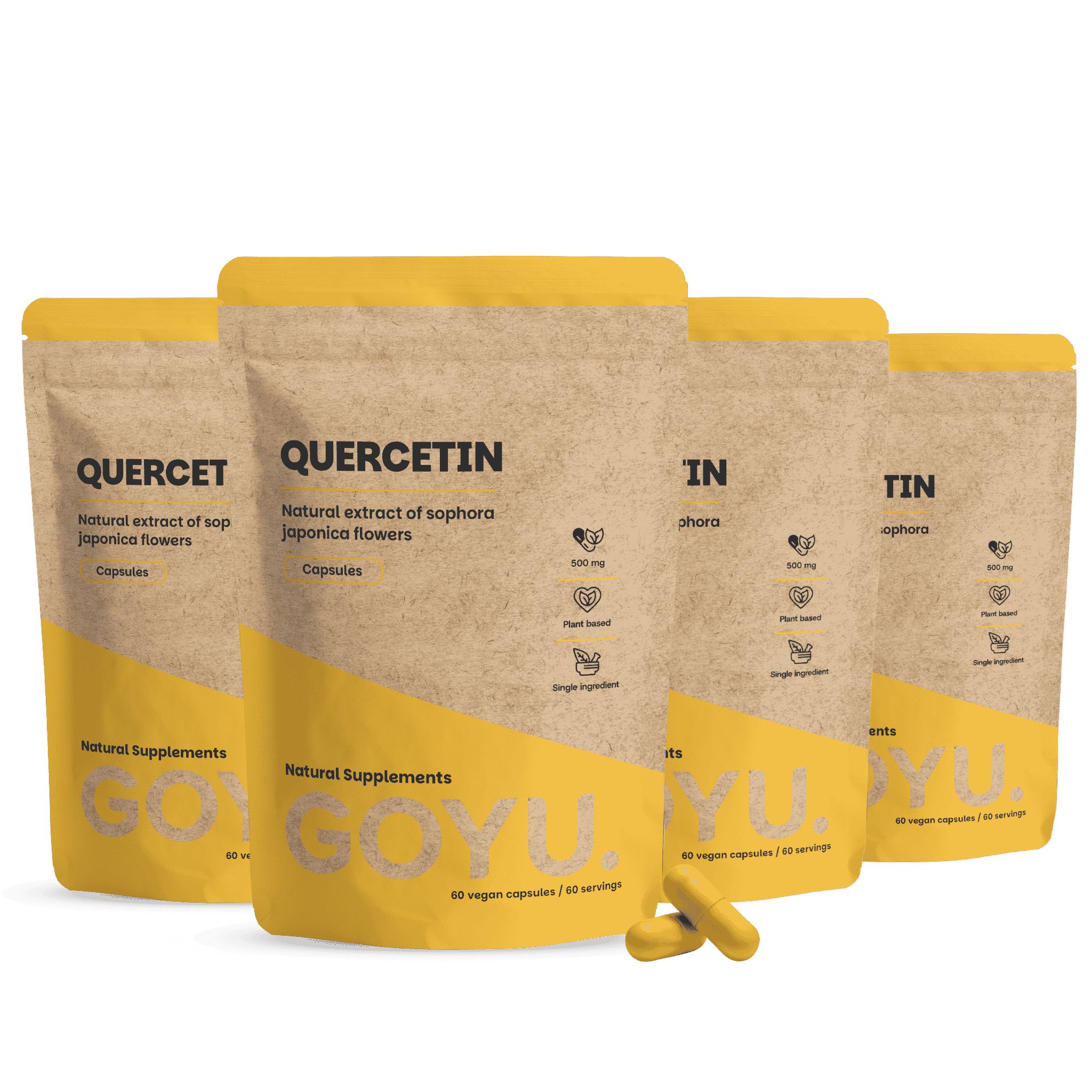 Quatre sachets de capsules de quercétine, marron avec un design jaune. Deux capsules devant.