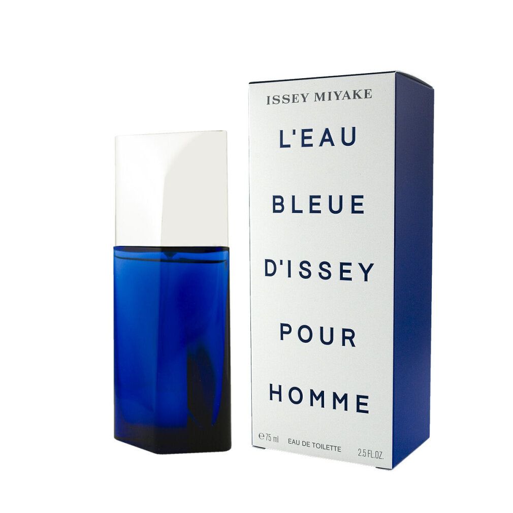 Flacon bleu et boîte blanche. Sur la boîte: ISSEY MIYAKE, L'EAU BLEUE D'ISSEY POUR HOMME. Flacon à côté.