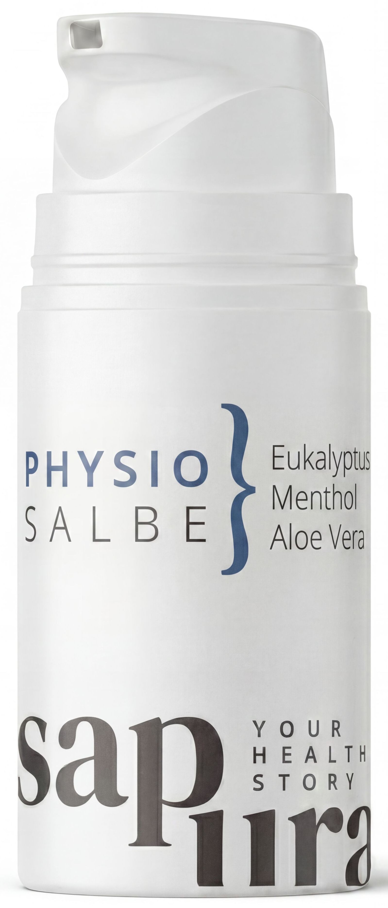 Flacon blanc avec pompe. Étiquette : Physio Salbe, Eukalyptus, Menthol, Aloe Vera, sap pura.