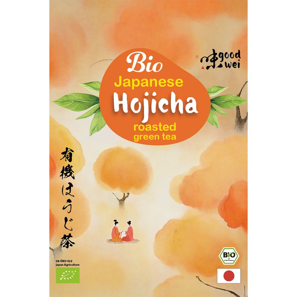 Emballage Goodwei Bio Hojicha. Fond orange avec nom du produit et caractères japonais. Label bio et drapeau japonais.