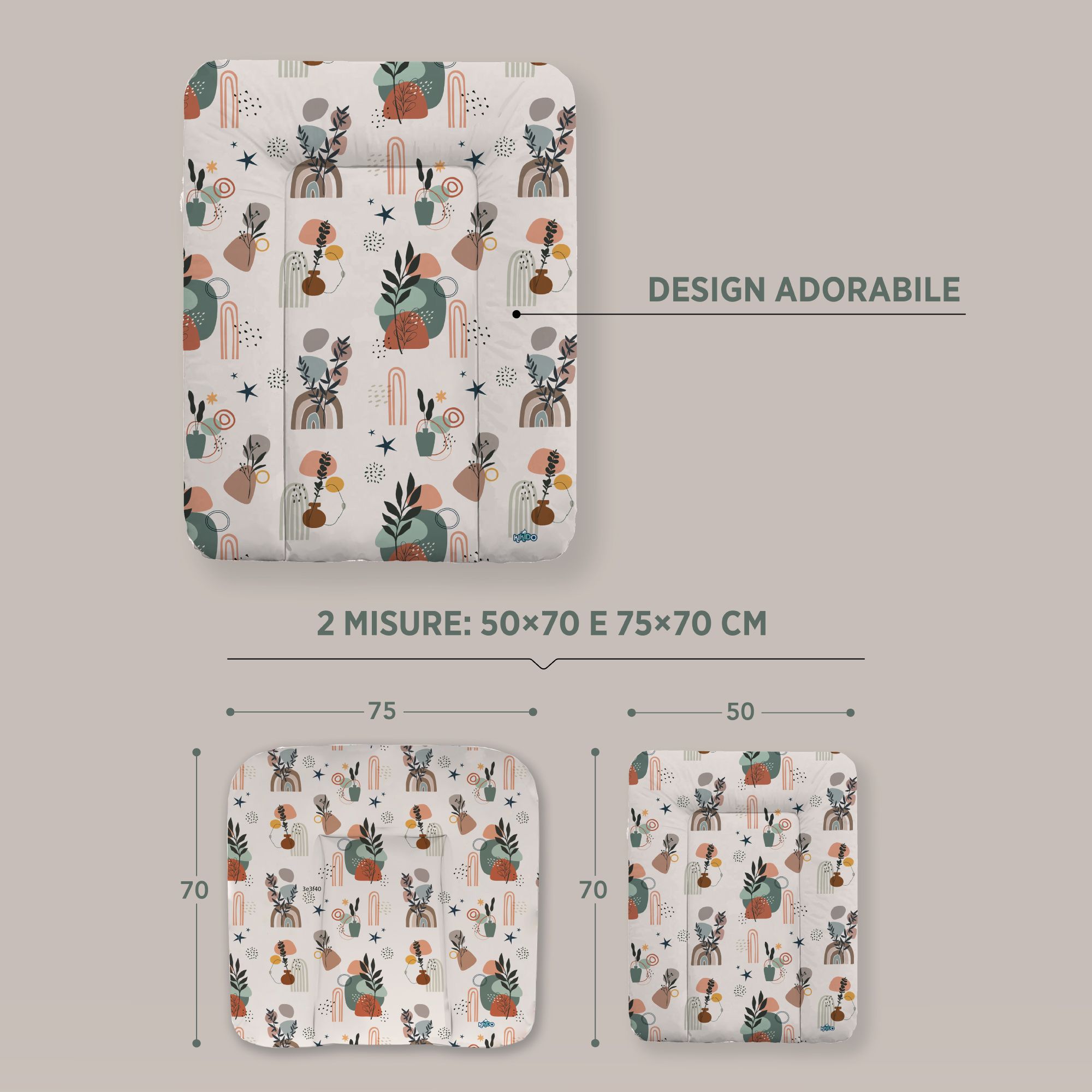 Twee aankleedkussens met plantenpatroon. Maten: 50x70cm en 75x70cm. Tekst: 2 maten.