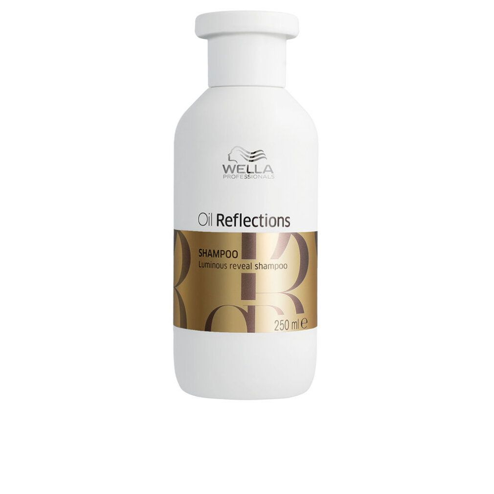 Witte shampoo fles met gouden etiket. Opschrift: Wella, Oil Reflections, Shampoo, Luminous reveal shampoo, 250 ml.