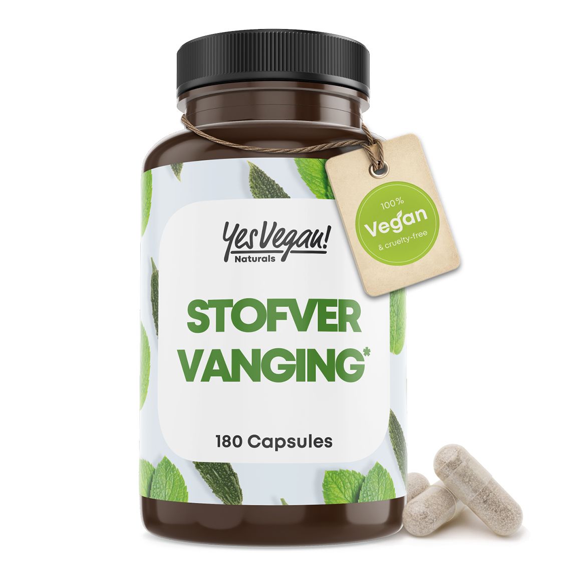Fles van 180 capsules, etiket 'Stofvervanging', vegan zegel.