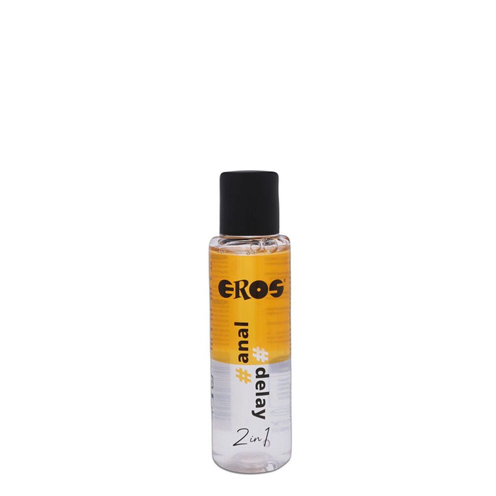 Flacon avec étiquette jaune et blanche. Inscription EROS, #anal, #delay, 2en1. Bouchon noir. Liquide transparent.
