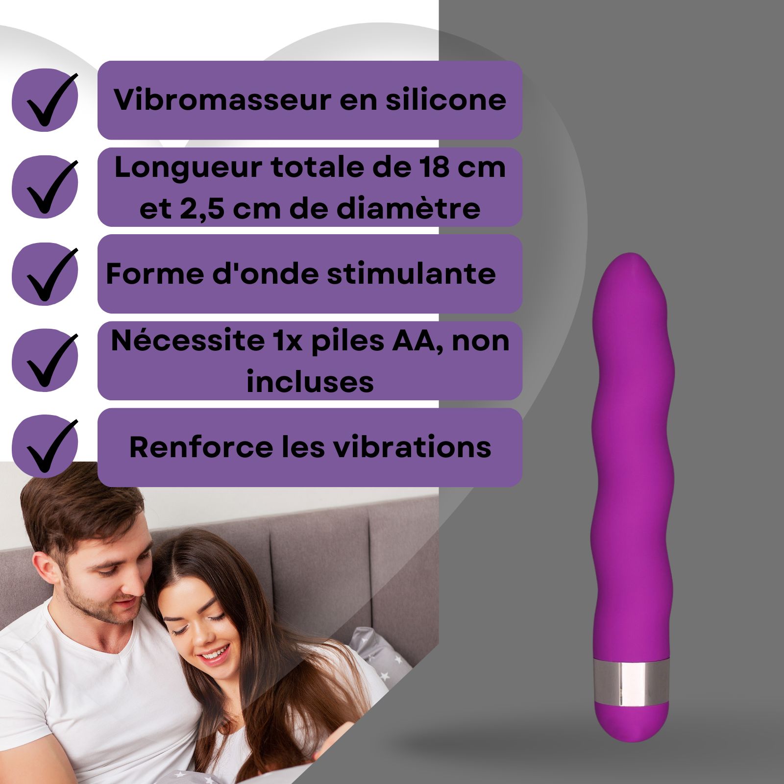 Vibrateur violet à surface ondulée. En silicone et ABS. Couple en arrière-plan.