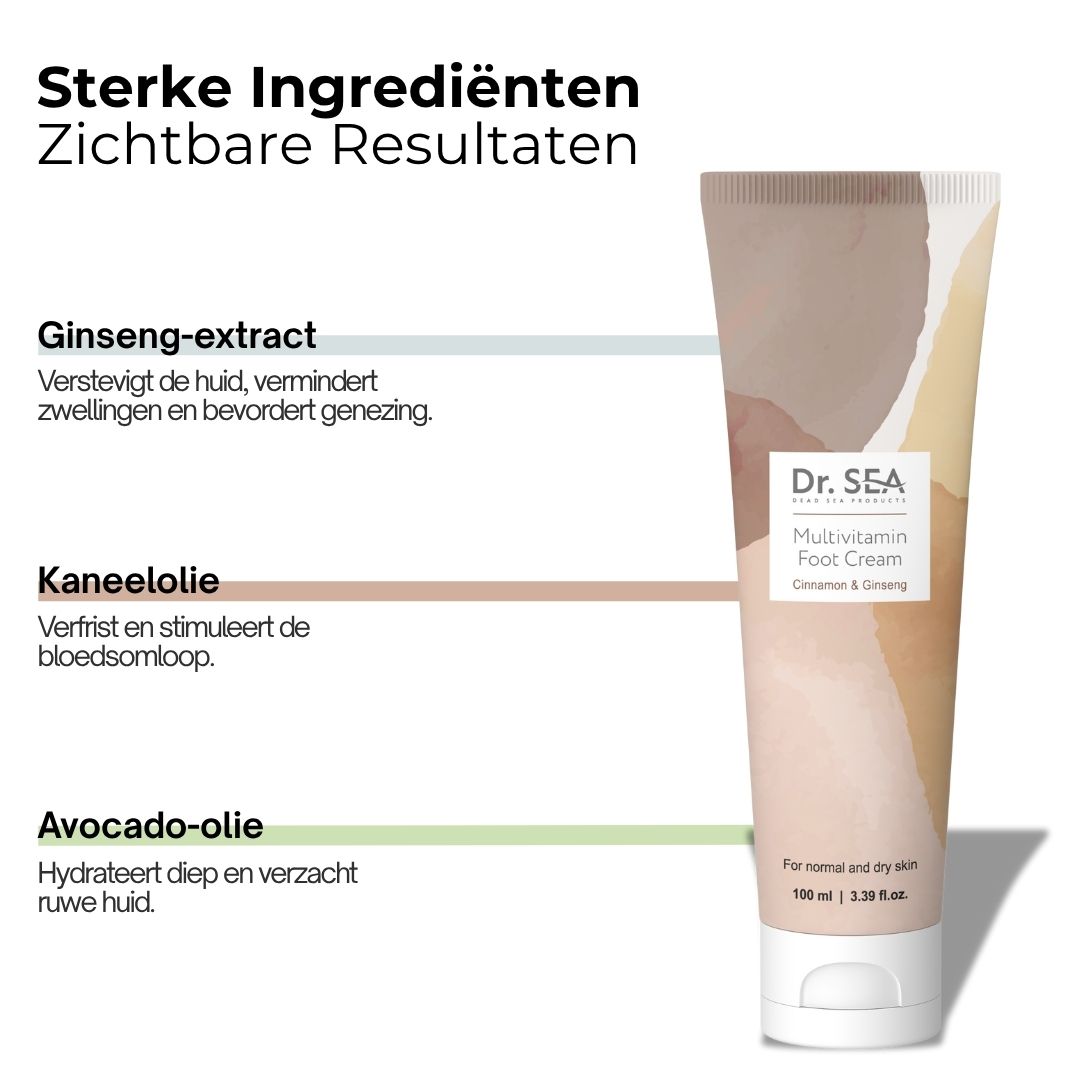 Crèmetube "Dr. SEA Multivitamin Foot Cream". Tekst: Ginseng-extract, Kaneelolie, Avocado-olie. Zichtbare resultaten.