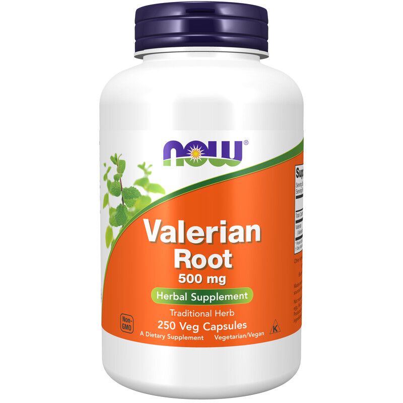 Flacon blanc avec étiquette orange. Inscription: Valerian Root 500 mg, Herbal Supplement. Marque: NOW.