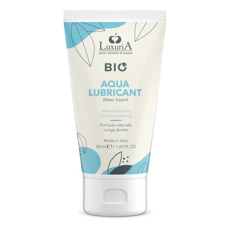 Tube de crème BIO AQUA LUBRICANT. Marque LuxuriA. À base d'eau, formule naturelle. Fabriqué en Italie.
