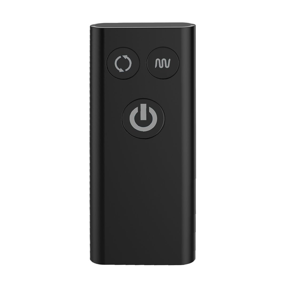 Zwarte afstandsbediening met drie symbolen: cirkelpijl, golf en aan/uit-knop. Op lichte achtergrond.