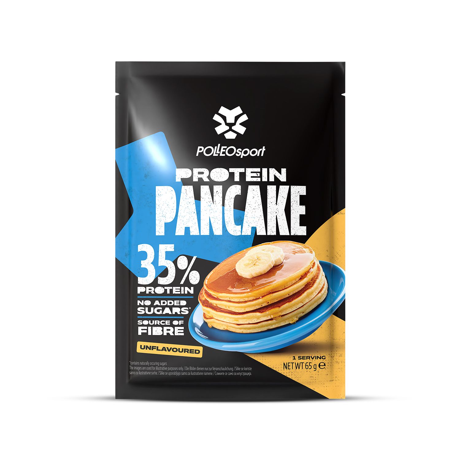 Mélange pour pancakes protéinés PoloSport : 35% de protéines, sans sucres ajoutés, source de fibres. Sachet de 65g.