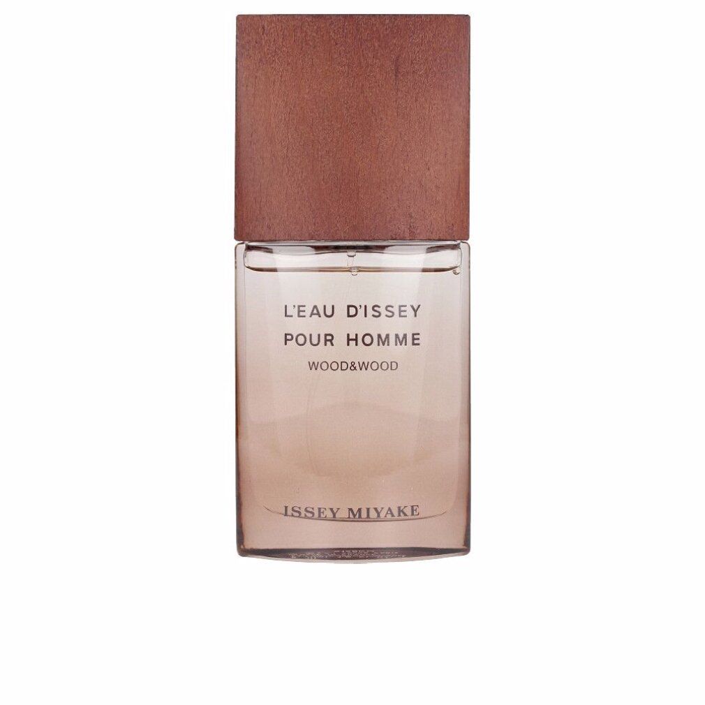Flacon en verre avec bouchon marron. Inscription : L'EAU D'ISSEY POUR HOMME WOOD&WOOD. Marque : ISSEY MIYAKE.