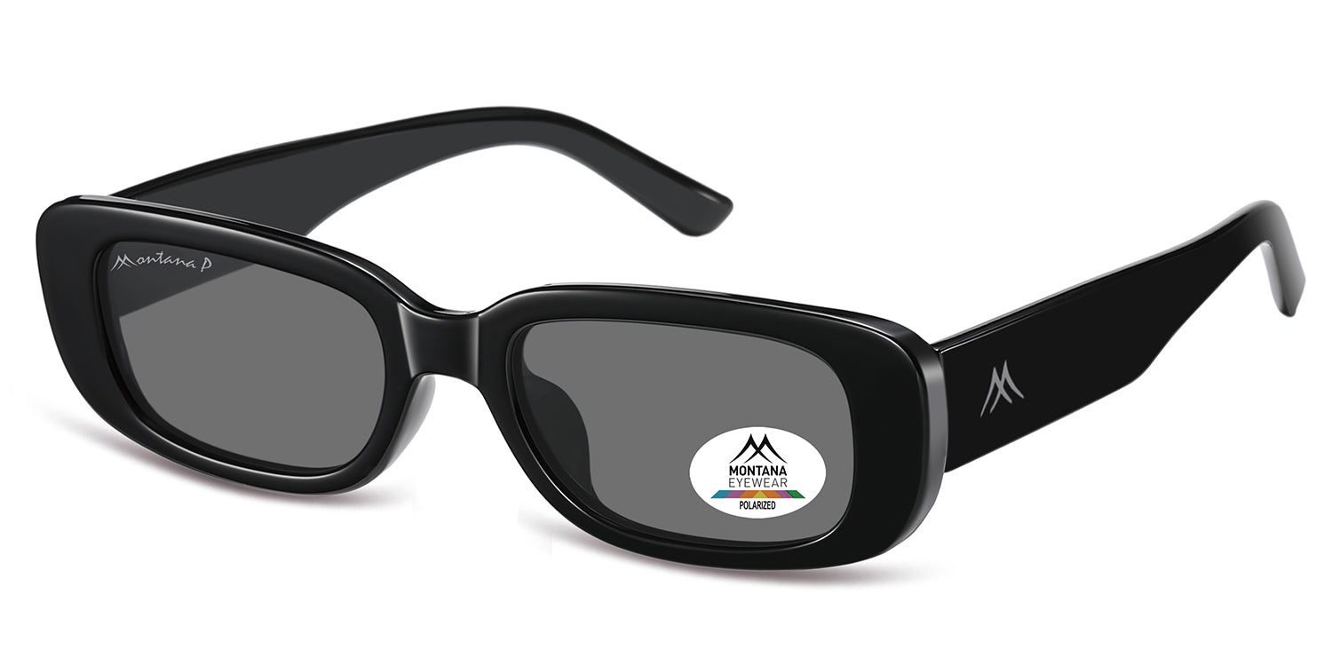 Lunettes de soleil noires, vue en biais. Logo Montana Eyewear sur la branche. Verres polarisés.