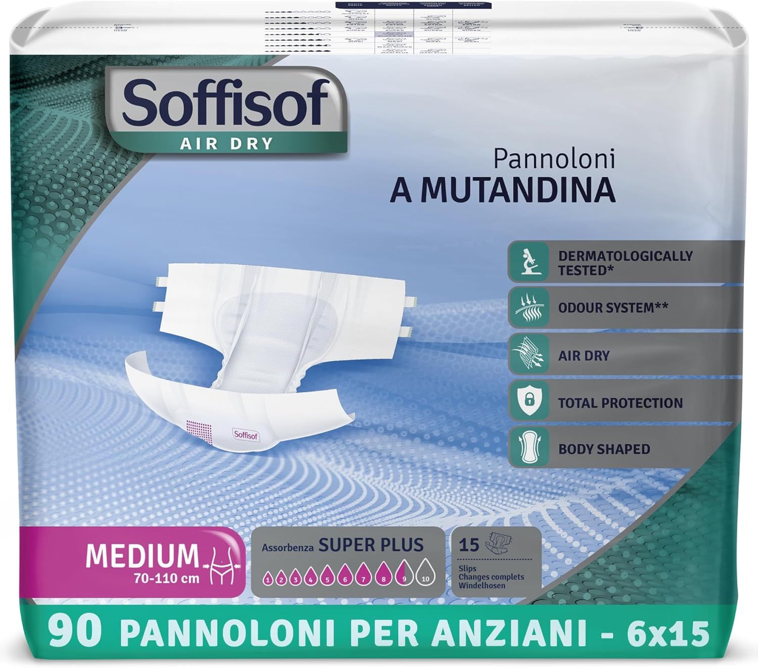 Soffisof Air Dry luiers. Medium, 70-110 cm. 90 stuks. Super Plus. Dermatologisch getest. Voor volwassenen.