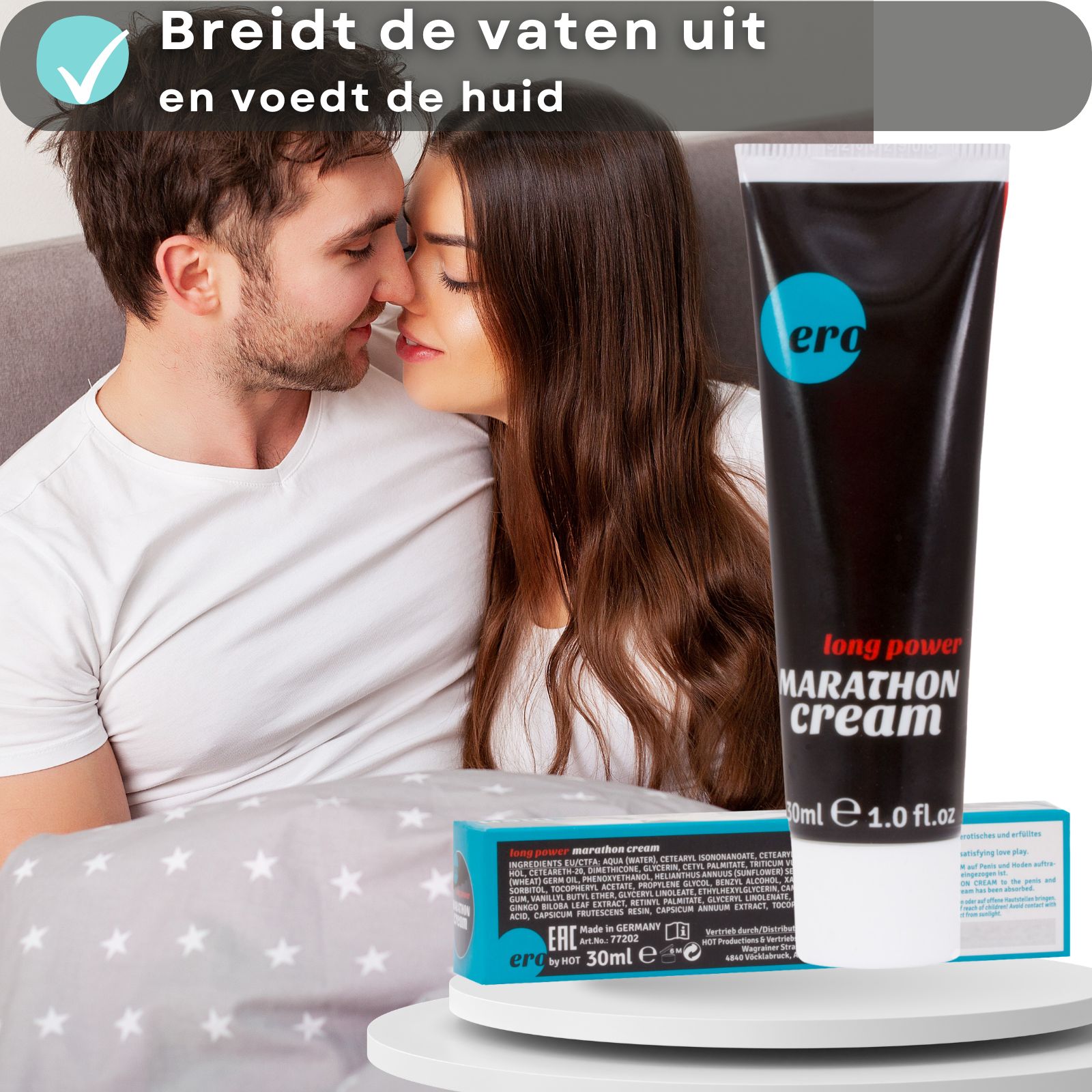Koppel in bed. Naast de tube en de doos. Opschrift: Marathon Cream. Merk: ero. 30ml.