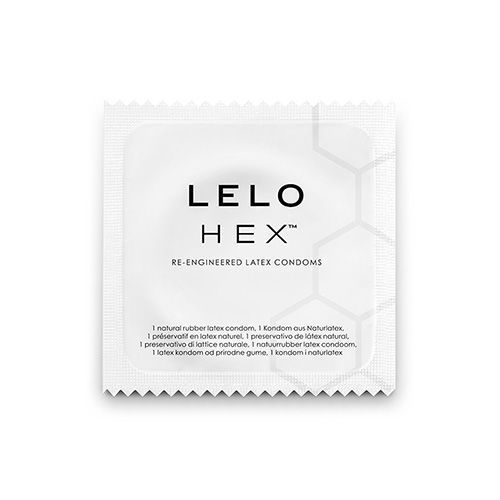 Witte doos met LELO HEX-logo en tekst. Bevat 36 originele condooms.
