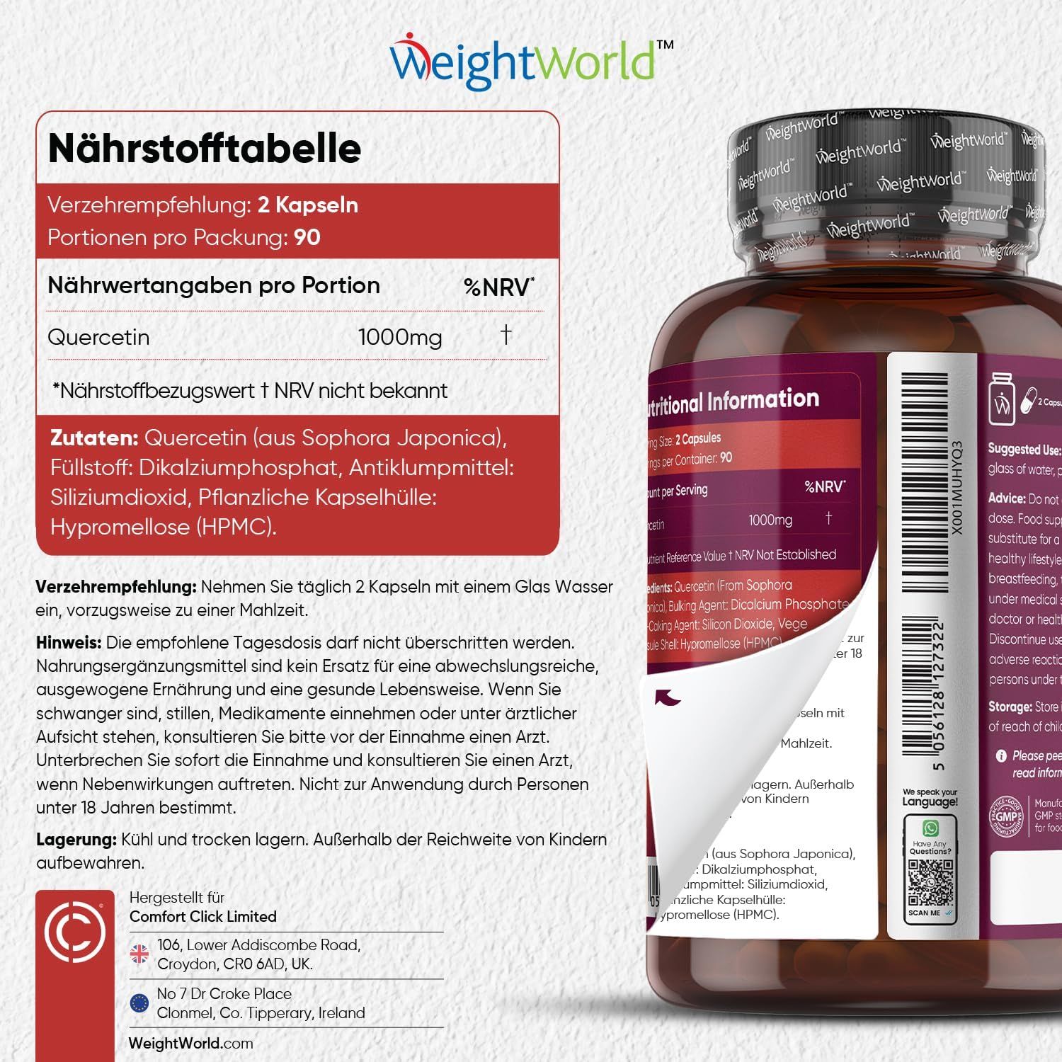 Tableau nutritionnel. Texte : Quercétine 1000mg. Ingrédients : Quercétine, agent de charge, anti-agglomérant, gélule végétale. Conseils de stockage.
