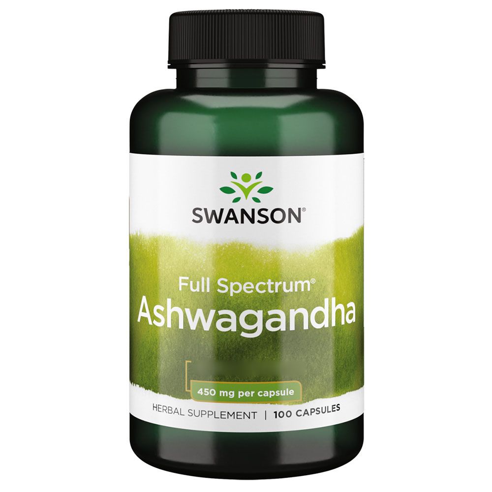 Bouteille verte de capsules d'Ashwagandha, 450 mg par capsule, 100 capsules.