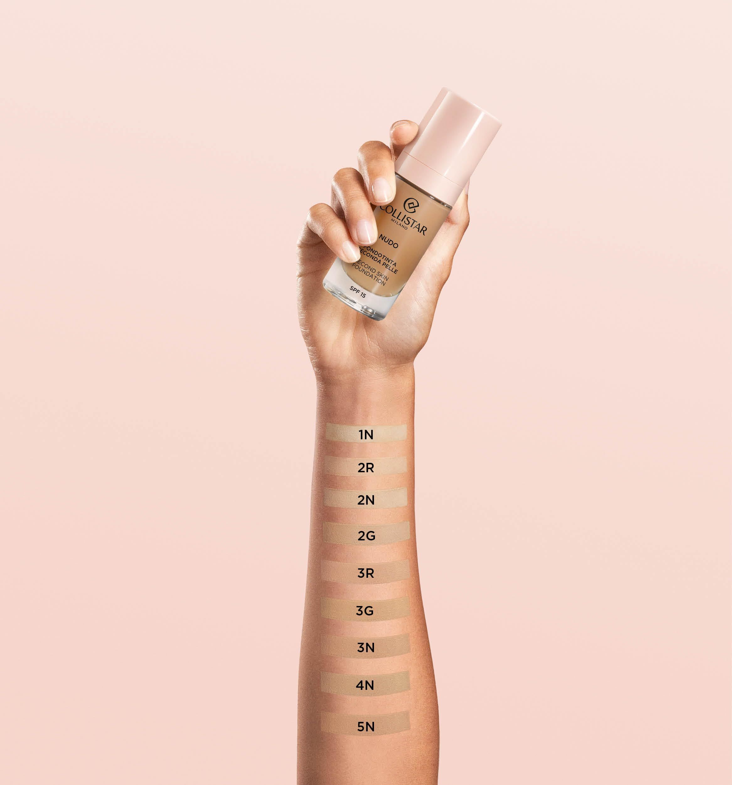 Arm met foundationkleuren. Flesje in de hand. Tinten: 1N, 2R, 2N, 2G, 3R, 3G, 3N, 4N, 5N. Roze achtergrond.