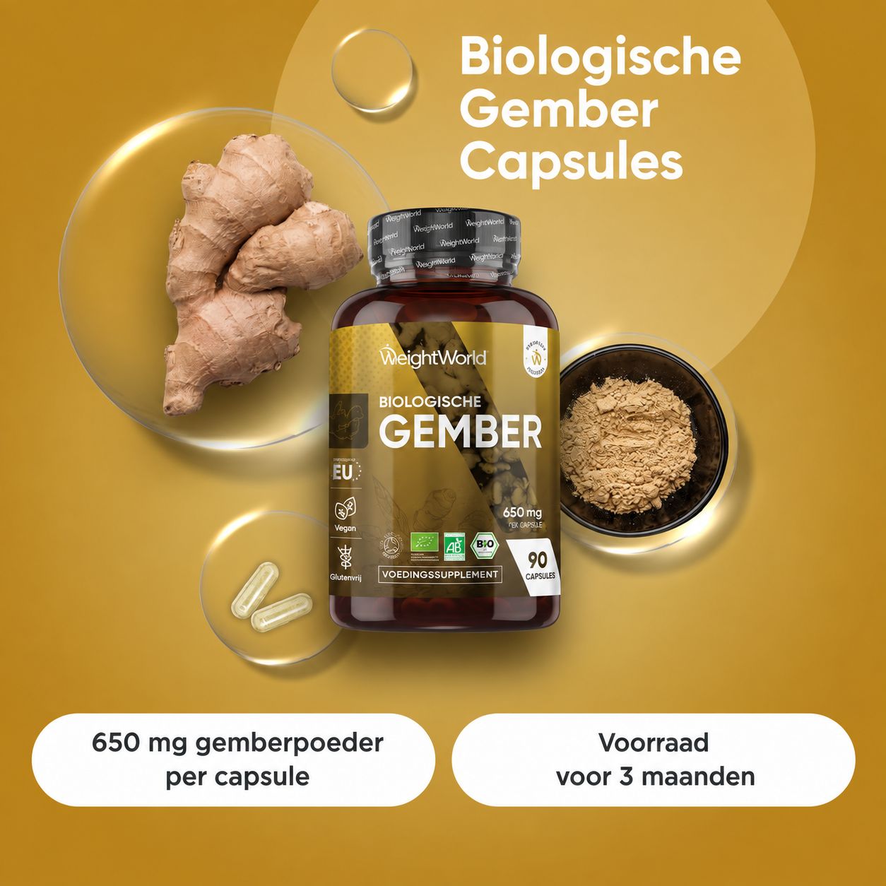 WeightWorld Biologische Gember Capsules: 90 capsules, 1 capsule per dag, vegan.