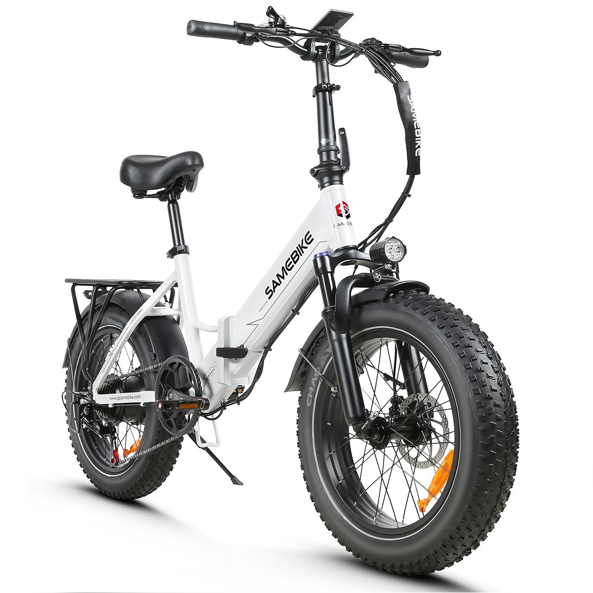 Vélo électrique pliable blanc, pneus noirs larges. Marque SAMEBIKE.