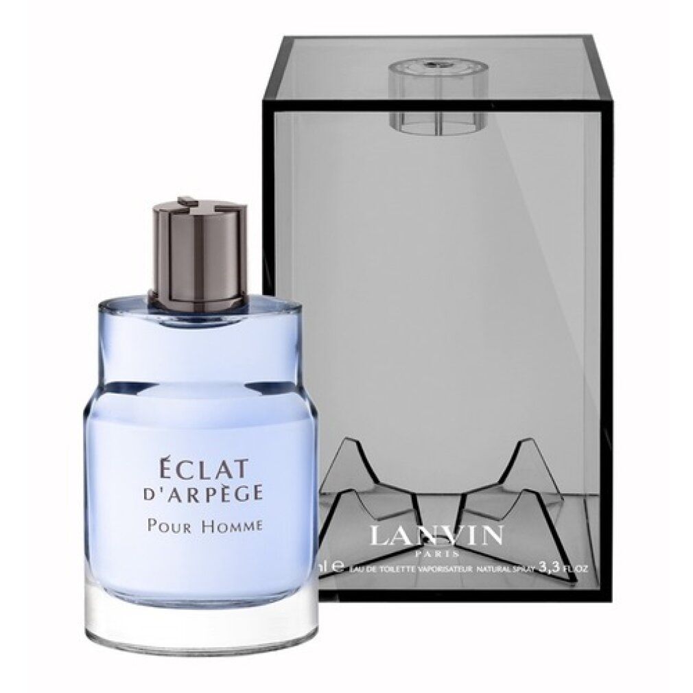 Flacon de parfum et emballage transparent. Inscription : ÉCLAT D'ARPÈGE Pour Homme. Marque : LANVIN. Bouchon argenté.