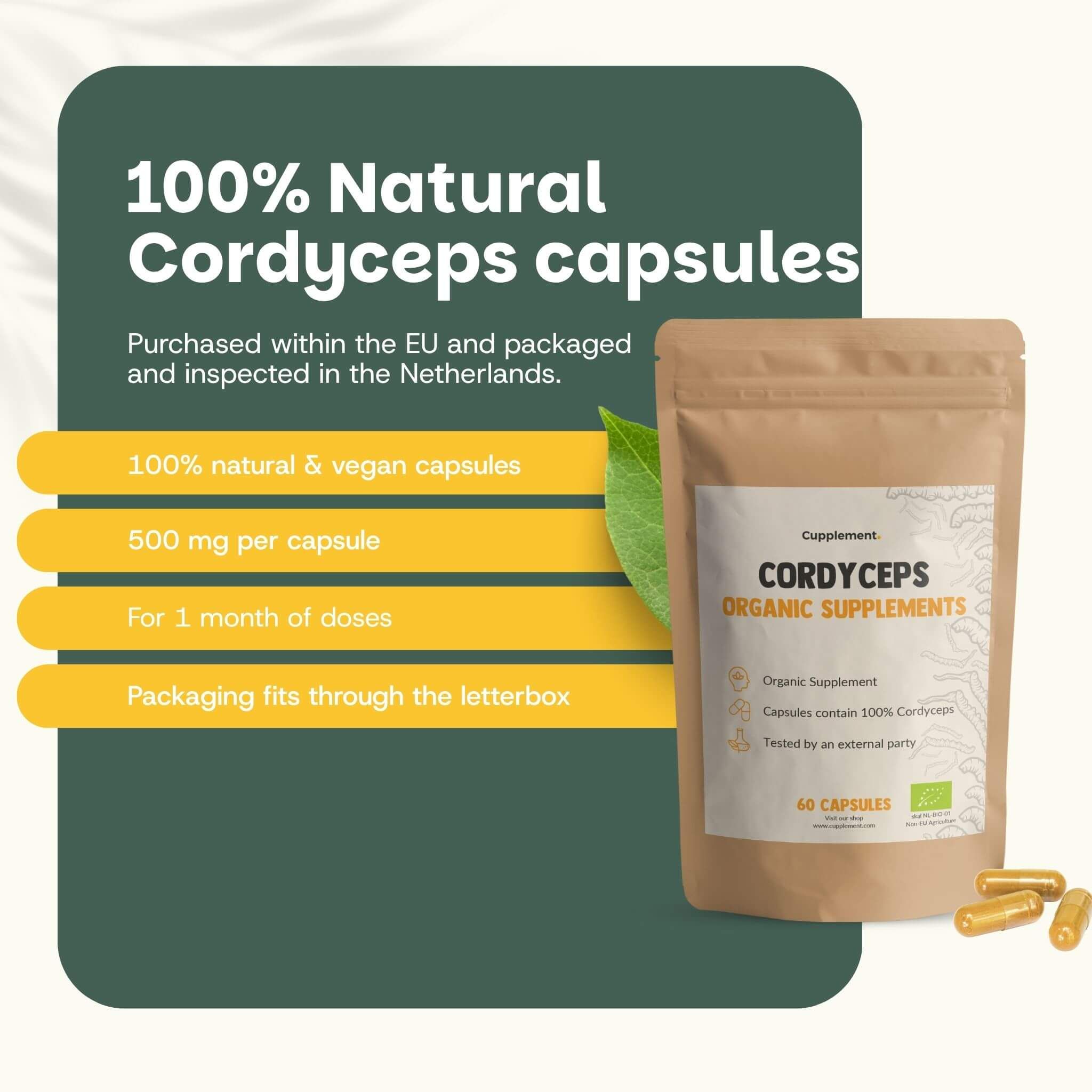 Gélules de Cordyceps. Texte : 100% gélules naturelles et végétaliennes, 500 mg par gélule, pour 1 mois de doses. Sachet brun.