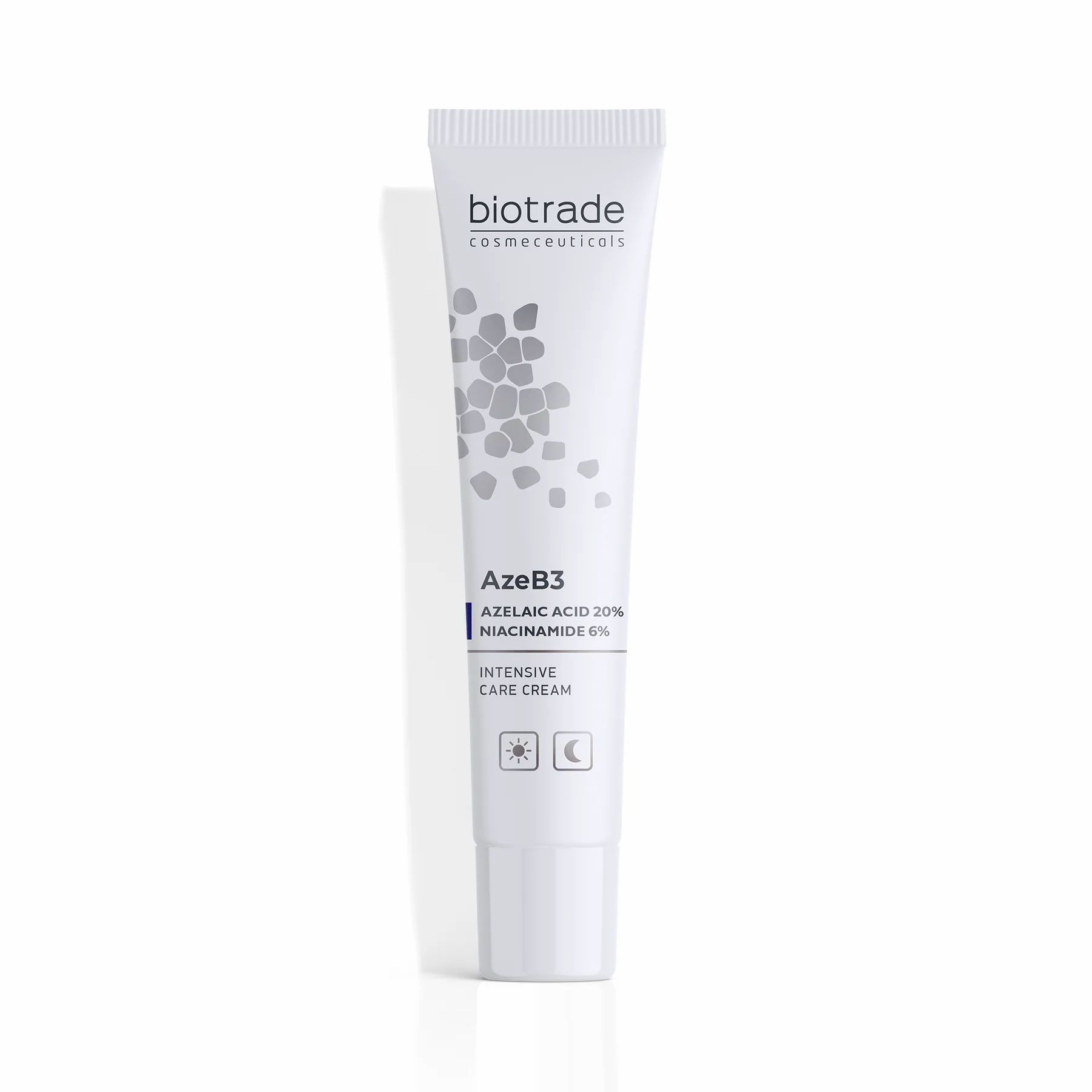 Tube blanc avec nom et texte du produit. Texte: Crème de soin intensive AzeB3 avec acide azélaïque 20% et niacinamide 6%.