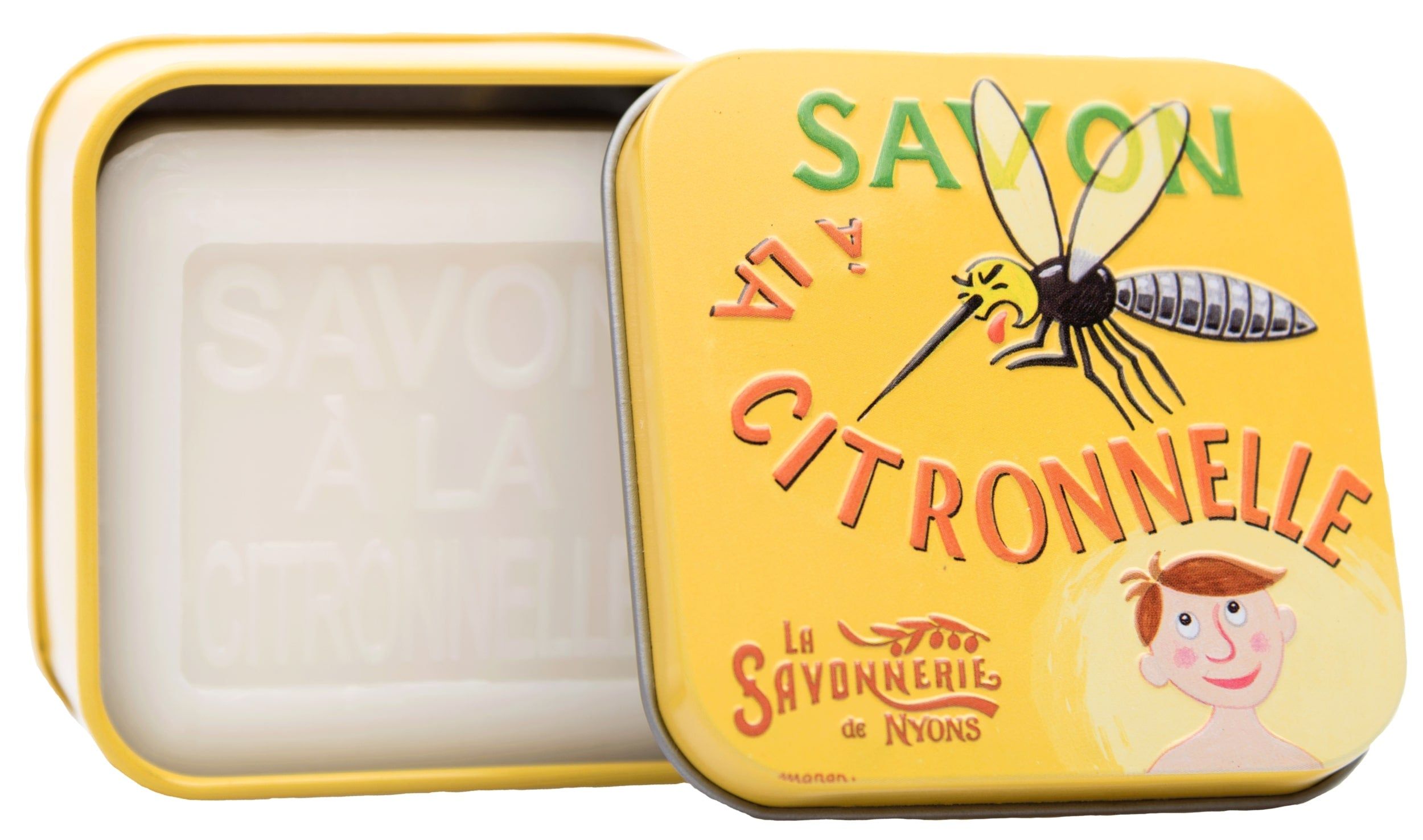 Open gele metalen doos met zeep. Tekst "Savon à la Citronnelle" en "La Savonnerie de Nyons".