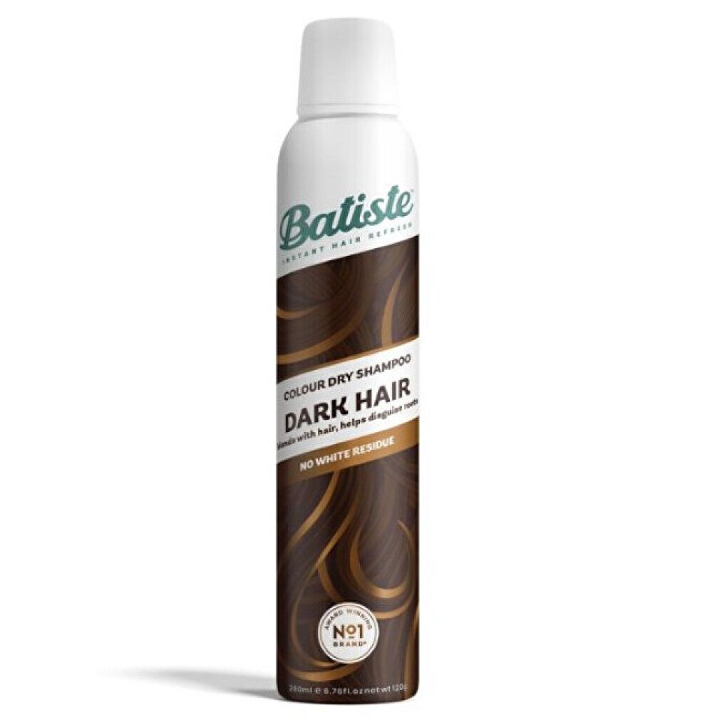 Batiste shampooing sec pour cheveux foncés. Flacon blanc avec cheveux bruns. Texte: Dark Hair, No White Residue.