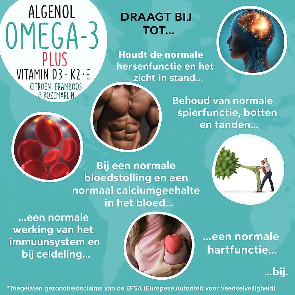 Cirkelvormige infographic met iconen en tekst. Beschrijft de voordelen van omega-3 supplementen voor de gezondheid.