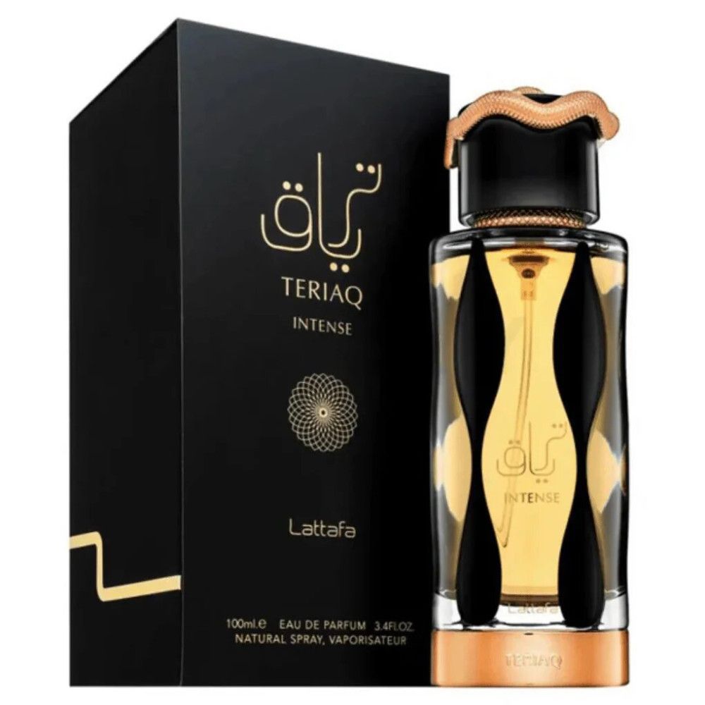Flacon de parfum et emballage noir. Écritures dorées. 'Lattafa' et 'Teriaq Intense' visibles.
