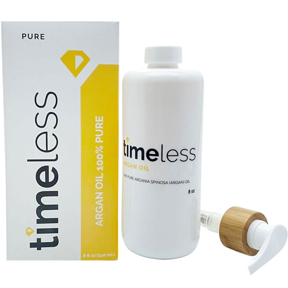 Productverpakking en fles timeless Argan Oil. Fles met pomp en houten ring. Gele sticker.