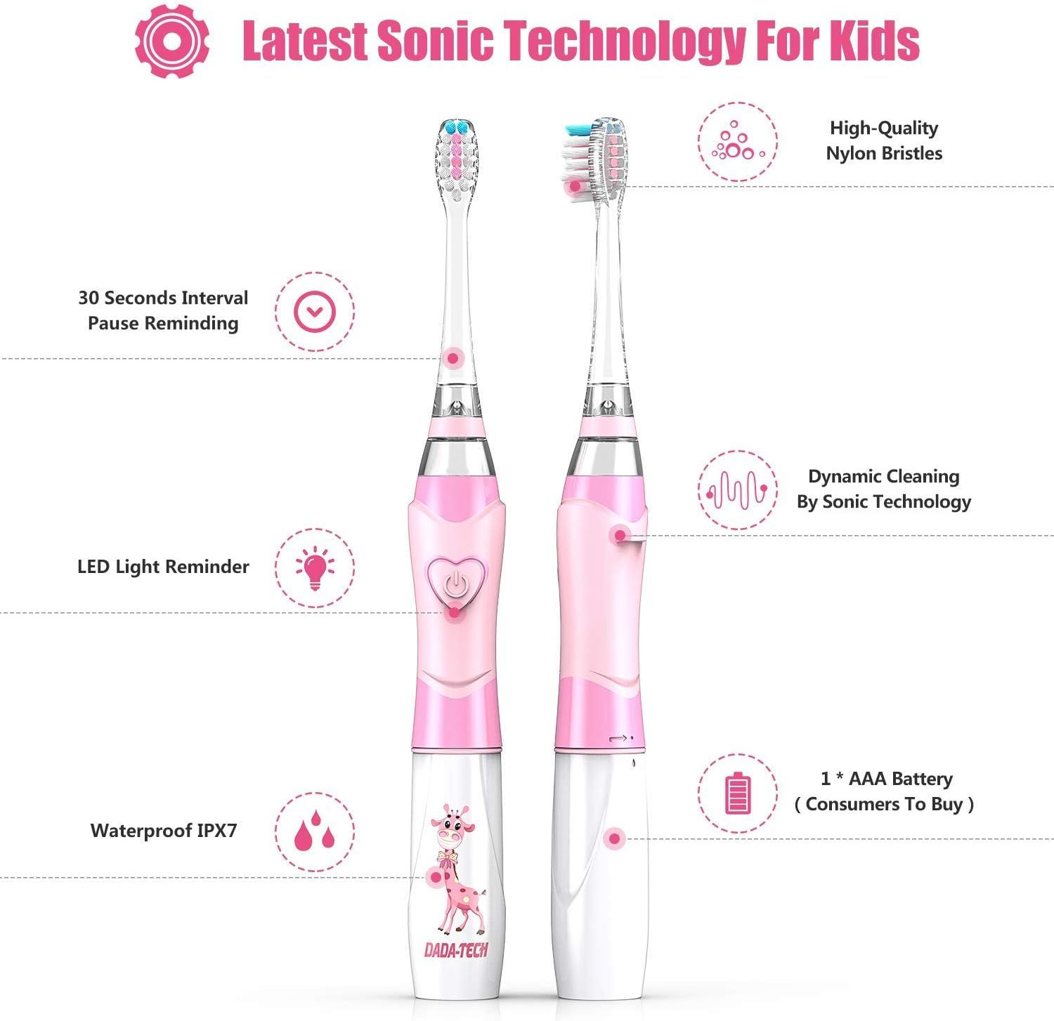 Roze elektrische tandenborstel voor kinderen. Functies: LED-licht, 30 seconden interval, waterdicht IPX7. Giraf-ontwerp. Vereist 1 AAA-batterij.
