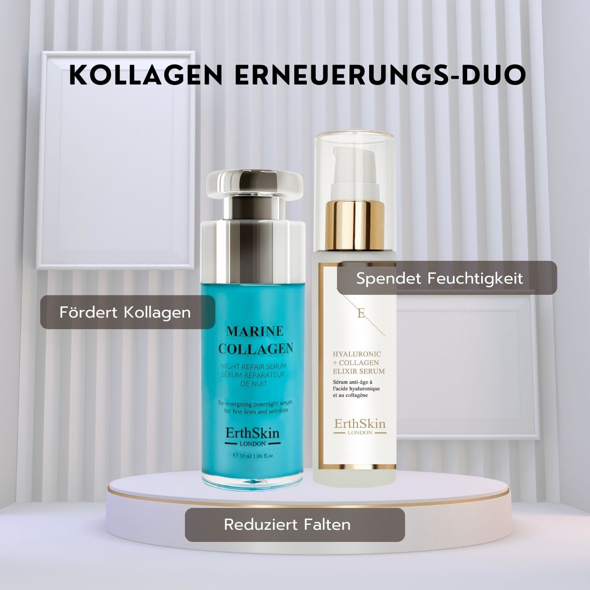 ErthSkin London Collageen Vernieuwingsduo: Marine Collagen Night Repair Serum en Hyaluronic + Collagen Elixir Serum.