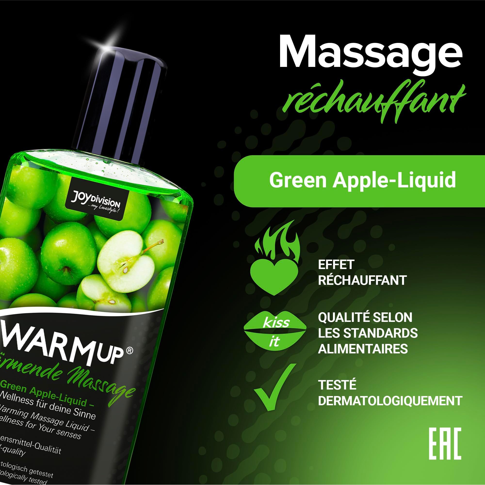Bouteille d'huile de massage verte, motif pommes.