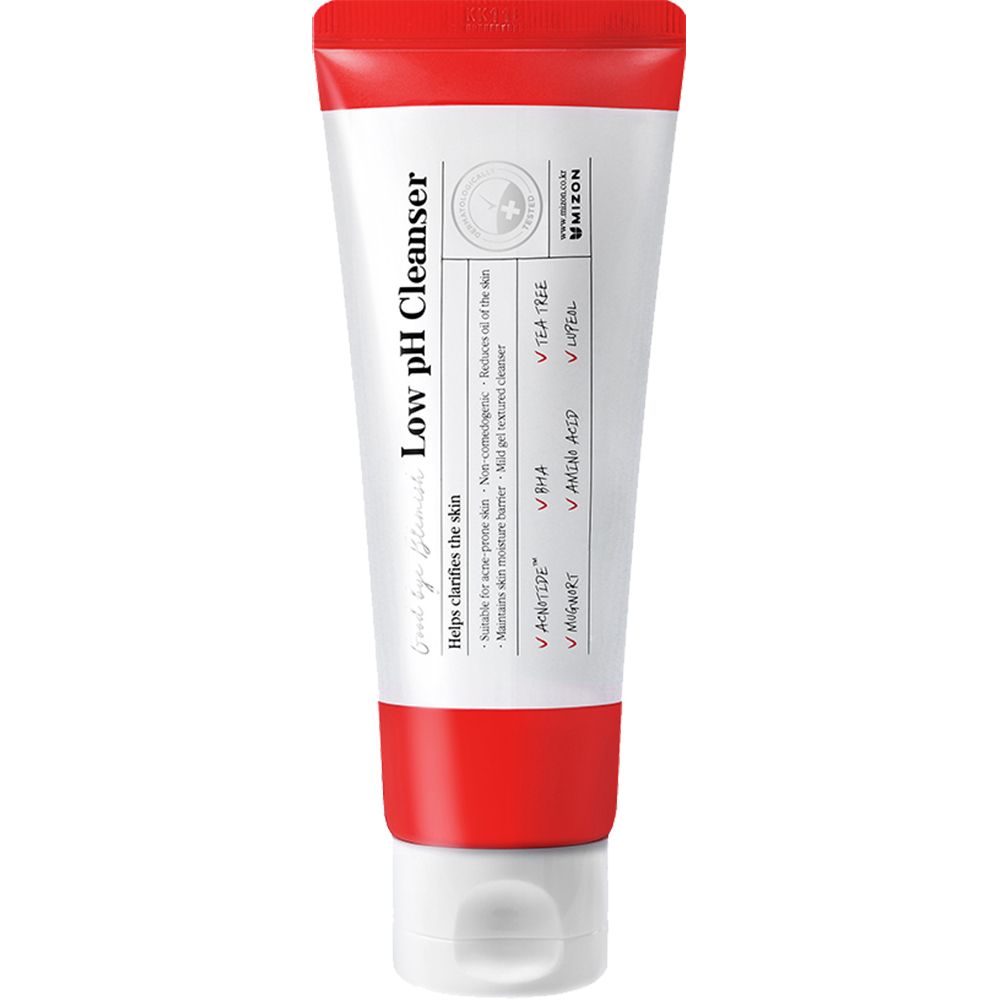 Witte en rode tube 'Low pH Cleanser'. Bevat BHA en Tea Tree. MIZON product.