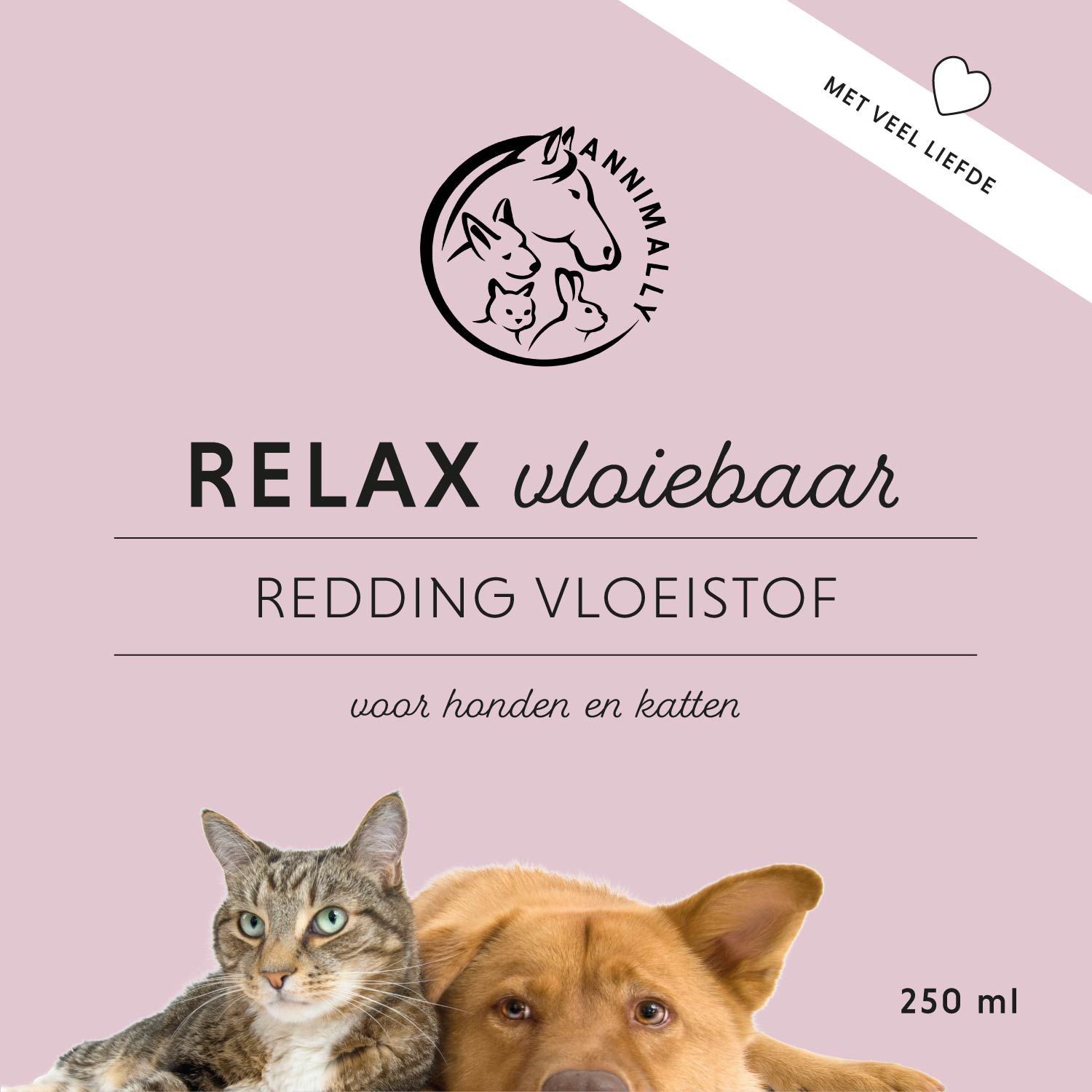 Roze achtergrond met logo. Opschrift: RELAX vloeibaar, Redding Vloeistof, voor honden en katten. Afgebeeld: kat, hond. 250 ml.