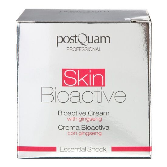Boîte carrée avec logo "postQuam PROFESSIONAL" et "Skin Bioactive" en rouge. Texte: "Bioactive Cream with ginseng".