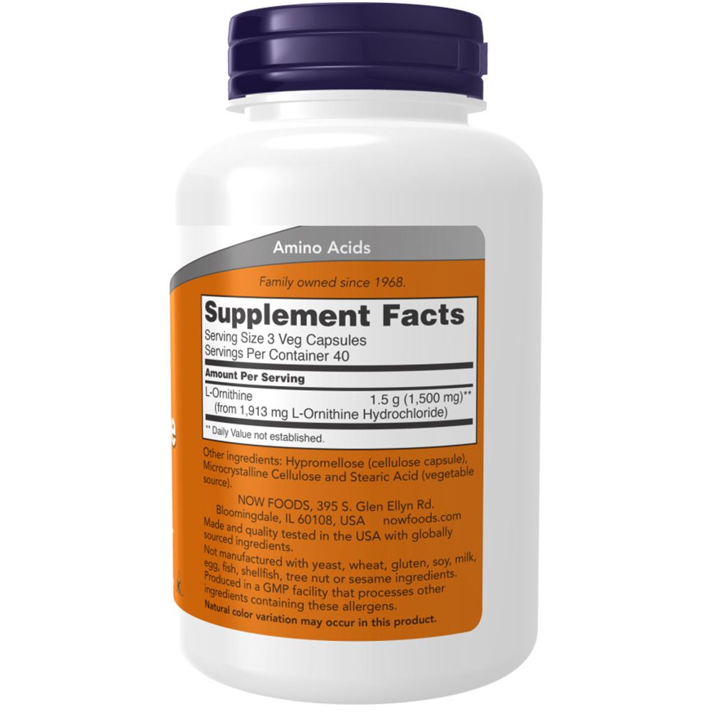 Dos du flacon. Étiquette orange avec informations nutritionnelles. Contient de la L-Ornithine. Fabricant : NOW FOODS. Ingrédients et informations.