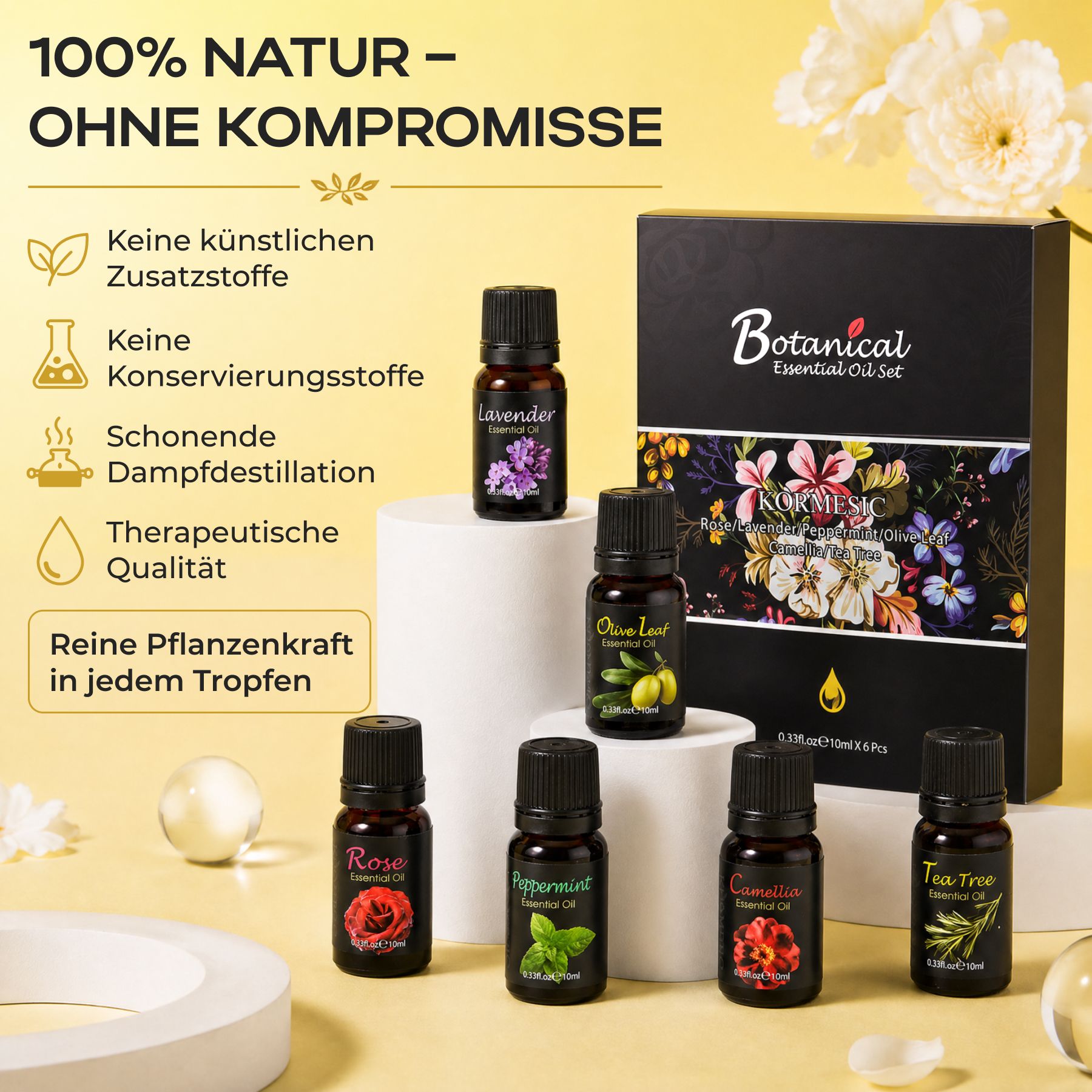 Ensemble de six petites bouteilles d'huiles essentielles, dont lavande, feuille d'olivier, rose, menthe poivrée, cannelle et arbre à thé. Comprend une boîte cadeau noire.