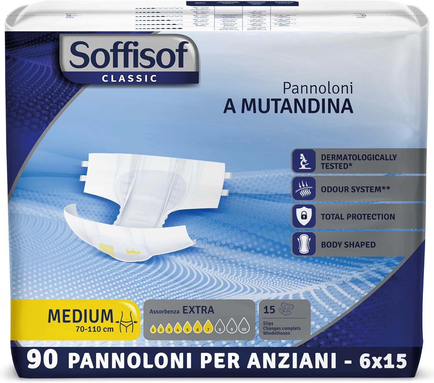 Soffisof Classic Volwassen luiers Extra. Witte luier, Medium, 70-110 cm. 90 stuks. Dermatologisch getest.